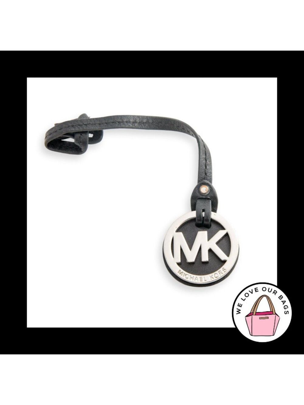 MICHAEL KORS Silver Nickel Black Leather Strap Bag Charm Hang Tag Keychain Fob